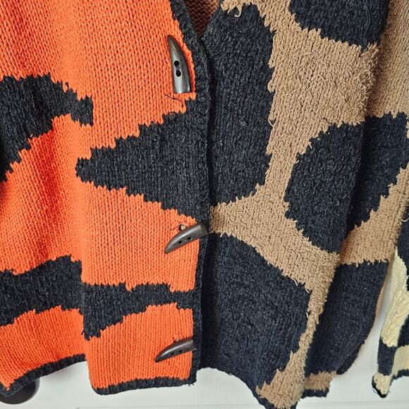 Vtg Carole Little Cardigan Women Med Brown Animal Print Knit Patchwork Boho Cats - Picture 4 of 11
